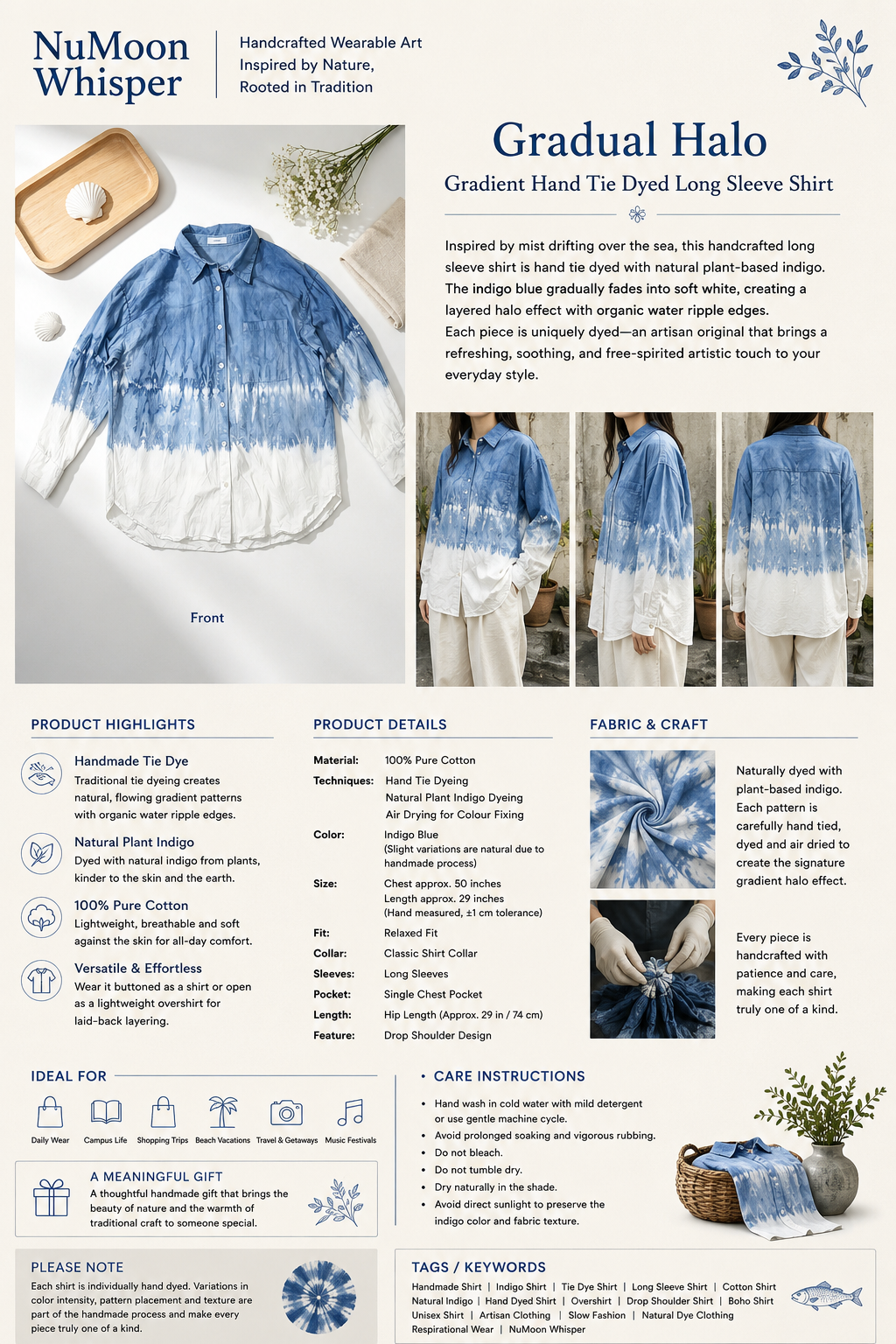Handmade Indigo Tie-Dye Long Sleeve Shirt | Natural Cotton Hand-Dyed Overshirt | 3 Shibori Designs Available