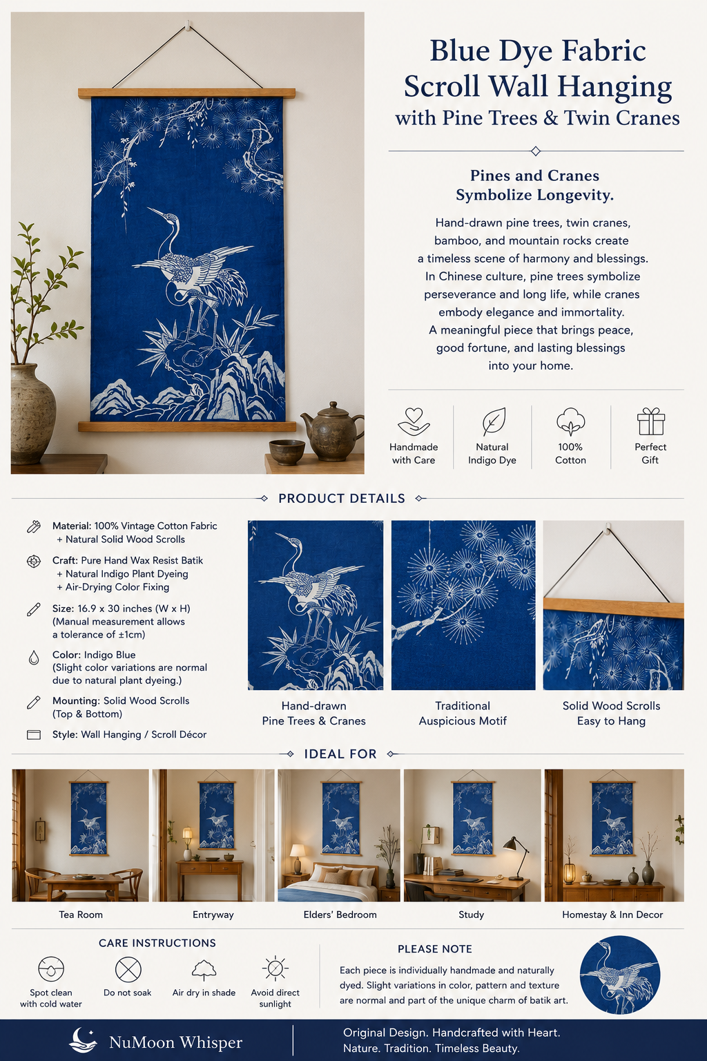 Handmade Indigo Batik Pine & Crane Wall Hanging, Chinese Longevity Textile Art, Zen Home Décor, Cotton Wall Art