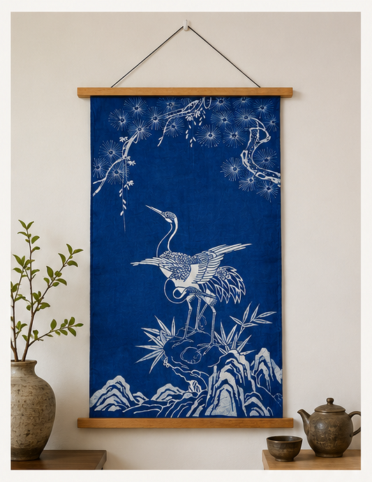 Handmade Indigo Batik Pine & Crane Wall Hanging, Chinese Longevity Textile Art, Zen Home Décor, Cotton Wall Art