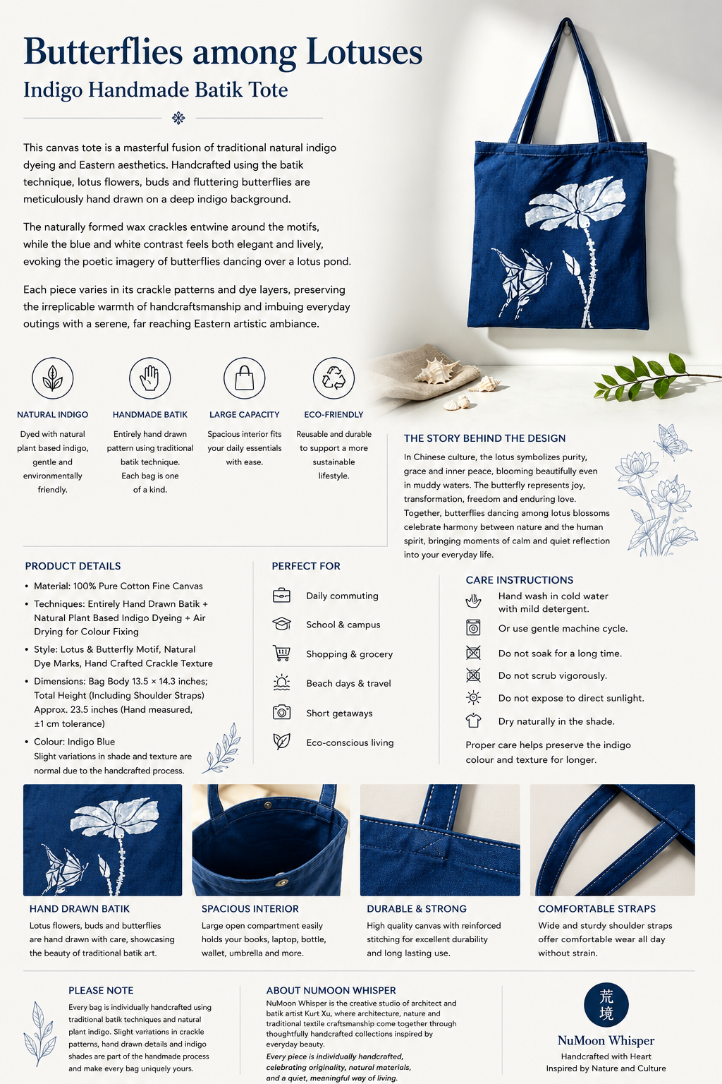 Handmade Indigo Batik Lotus Butterfly Tote Bag, Cotton Canvas Shoulder Bag, Eco-Friendly Everyday Market Tote