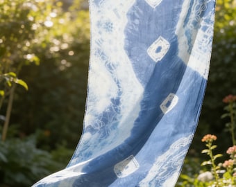 Lightweight Sheer Scarf | Hand-Dyed Indigo Shibori Wrap | Fashion Neck Scarf | Elegant Summer Shawl | Gift for Her