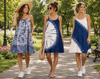Women's Cotton Summer Sundress | Tie-Dye Spaghetti Strap Dress | Casual Beach Dress | Lightweight Vacation Dress | Resort Wear