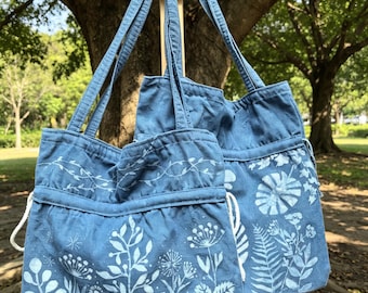 Handmade Cotton Tote Bag | Indigo Batik Botanical Tote | Wildflower Market Bag | Canvas Shoulder Tote | Gift for Her
