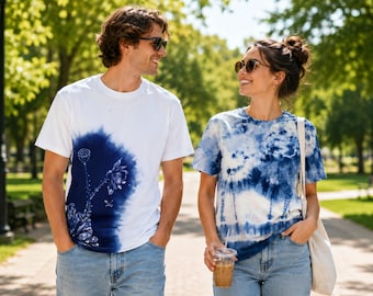 Women's Cotton Graphic T-Shirt | Indigo Batik Tie-Dye Tee | Handmade Art Shirt | Casual Summer Top | Gift for Her