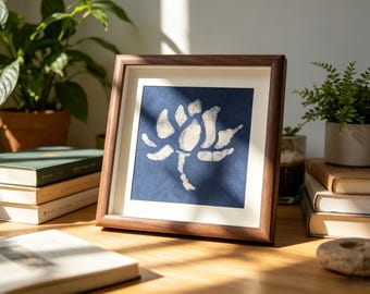 Lotus Textile Wall Art | Handmade Indigo Batik Art | Botanical Zen Home Decor | Tabletop or Wall Display | Housewarming Gift