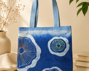 Handmade Cotton Tote Bag | Embroidered Indigo Batik Tote | Lotus Shoulder Bag | Artisan Market Bag | Gift for Her