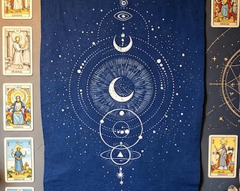 Handmade Tarot Cloth | Indigo Batik Altar Cloth | Celestial Textile Wall Art | Astrology Decor | Meditation Gift