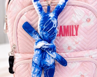 Handmade Rabbit Plush Keychain | Tie-Dye Backpack Charm | Cotton Stuffed Bunny | Cute Bag Accessory | Gift for Kids