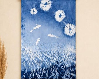 Handmade Lotus Textile Wall Art | Indigo Batik Wall Hanging | Botanical Zen Home Decor | Wabi-Sabi Wall Art | Housewarming Gift