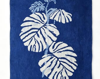 Handmade Monstera Textile Wall Art | Indigo Batik Wall Hanging | Botanical Home Decor | Wabi-Sabi Wall Art | Housewarming Gift