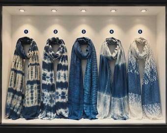 Hand-Dyed Linen Silk Scarf | Indigo Shibori Wrap | Lightweight Shawl | Travel Scarf | Gift for Her