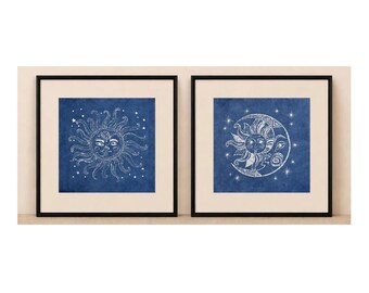 Celestial Textile Wall Art | Handmade Indigo Batik Sun & Moon Art | Zodiac Mandala Decor | Zen Home Decor | Housewarming Gift