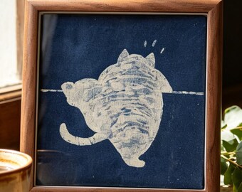 Handmade Cat Textile Wall Art | Indigo Batik Cat Wall Hanging | Framed Cat Decor | Gift for Cat Lovers | Housewarming Gift