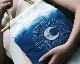 Handmade Cotton Tote Bag | Embroidered Indigo Batik Tote | Moon & Star Shoulder Bag | Market Tote | Gift for Her