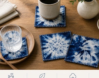Handmade Indigo Shibori Fabric Coaster Set | Cotton Drink Coasters | Japanese Style Table Decor | Mug Mat | Housewarming Gift