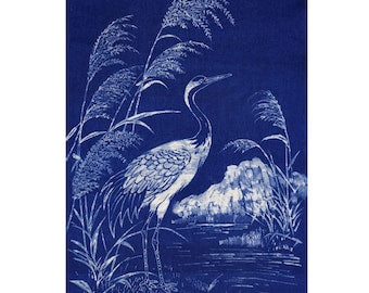 Handmade Crane Textile Wall Art | Indigo Batik Wall Hanging | Zen Nature Home Decor | Wabi-Sabi Wall Art | Housewarming Gift