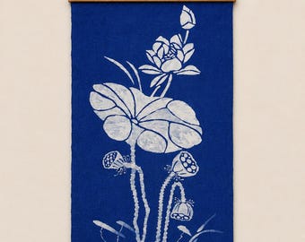 Handmade Lotus Textile Wall Art | Indigo Batik Wall Hanging | Botanical Zen Home Decor | Wabi-Sabi Wall Art | Housewarming Gift