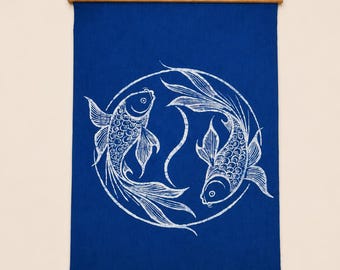 Handmade Double Fish Textile Wall Art | Indigo Batik Wall Hanging | Yin Yang Zen Home Decor | Feng Shui Wall Art | Housewarming Gift