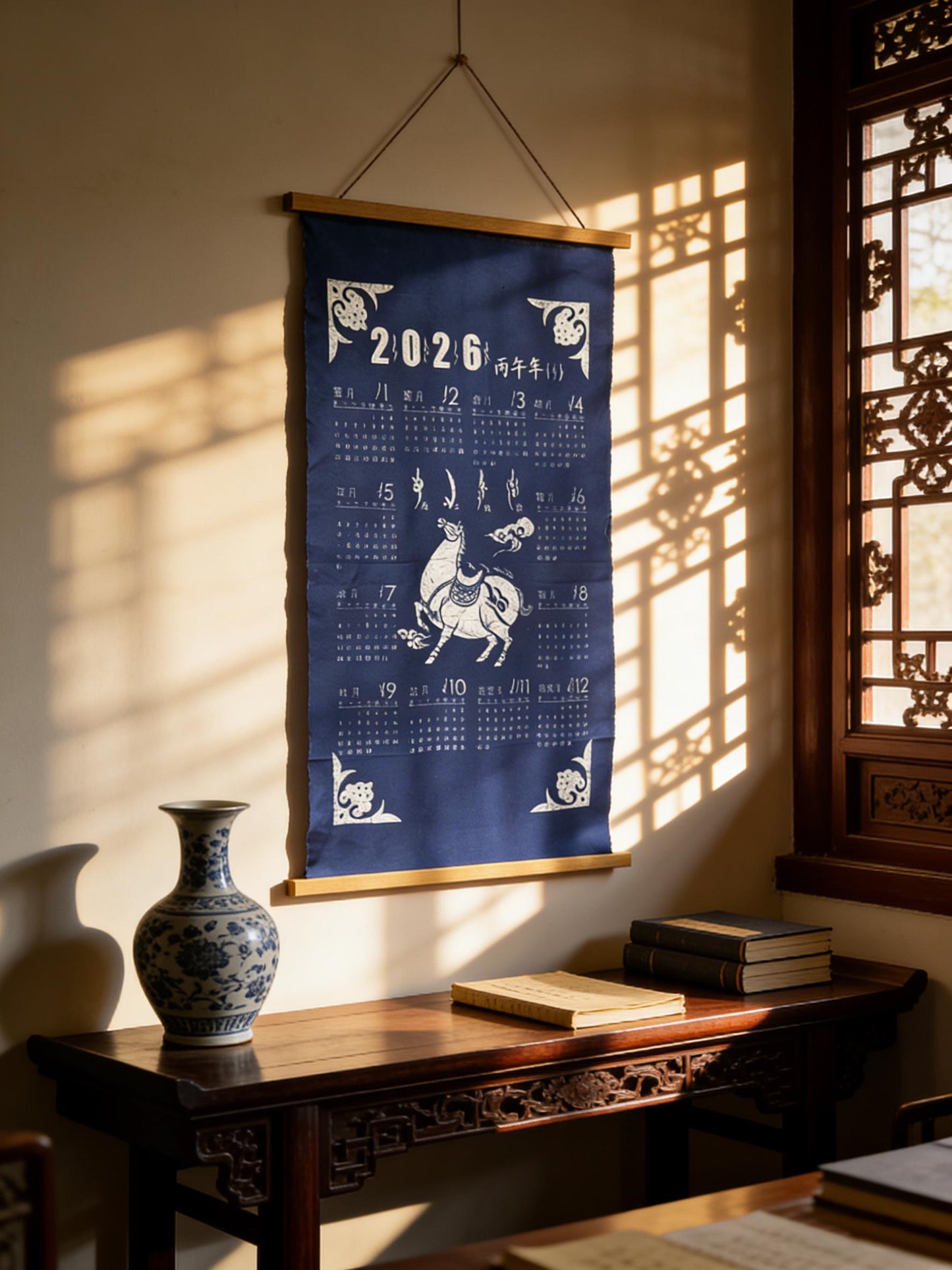 2026 Year of the Horse Batik Calendar | Handmade Textile Wall Art | Chinese Zodiac Wall Hanging | Lunar New Year Gift | Indigo Home Decor