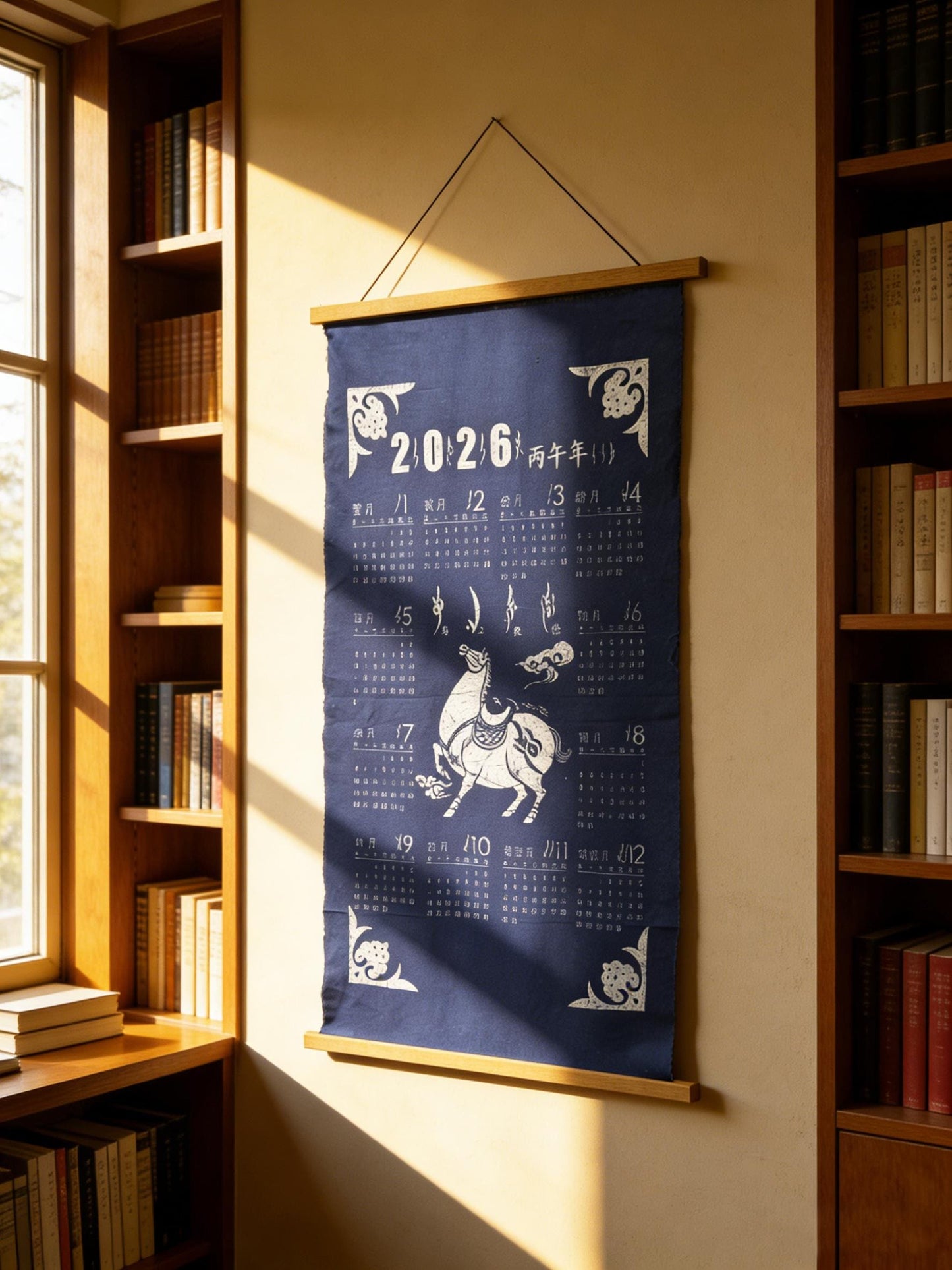 2026 Year of the Horse Batik Calendar | Handmade Textile Wall Art | Chinese Zodiac Wall Hanging | Lunar New Year Gift | Indigo Home Decor