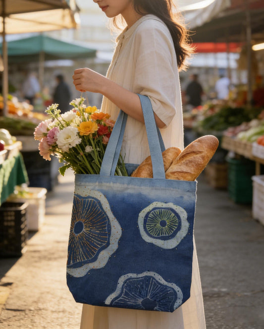 Handmade Cotton Tote Bag | Embroidered Indigo Batik Tote | Lotus Shoulder Bag | Artisan Market Bag | Gift for Her