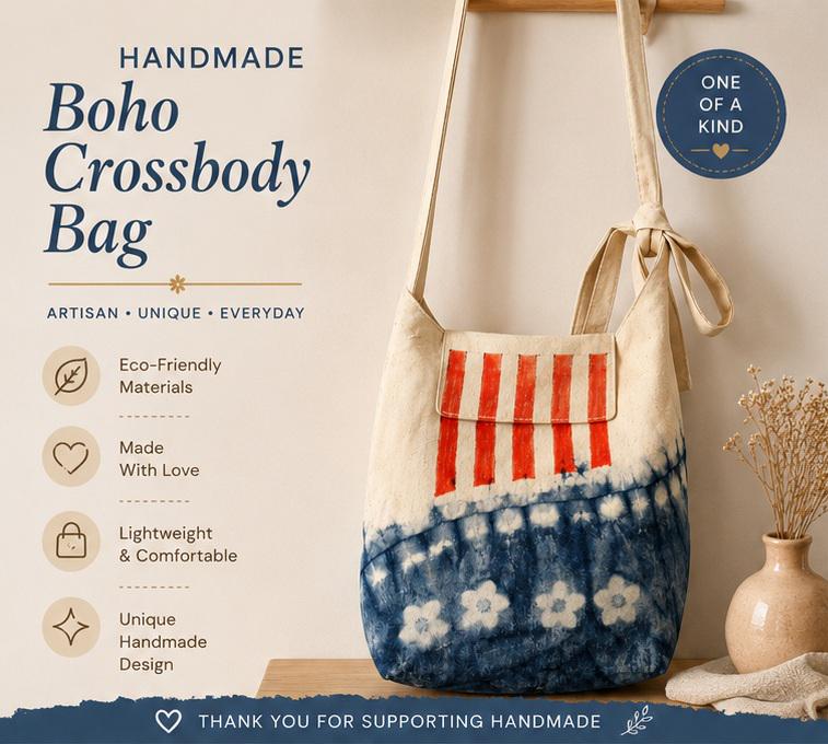 Handmade Cotton Crossbody Bag | Patriotic Red White Blue Shoulder Bag | Adjustable Canvas Purse | USA Gift | Everyday Travel Bag