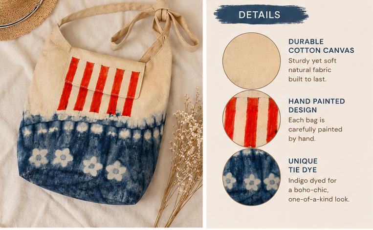 Handmade Cotton Crossbody Bag | Patriotic Red White Blue Shoulder Bag | Adjustable Canvas Purse | USA Gift | Everyday Travel Bag