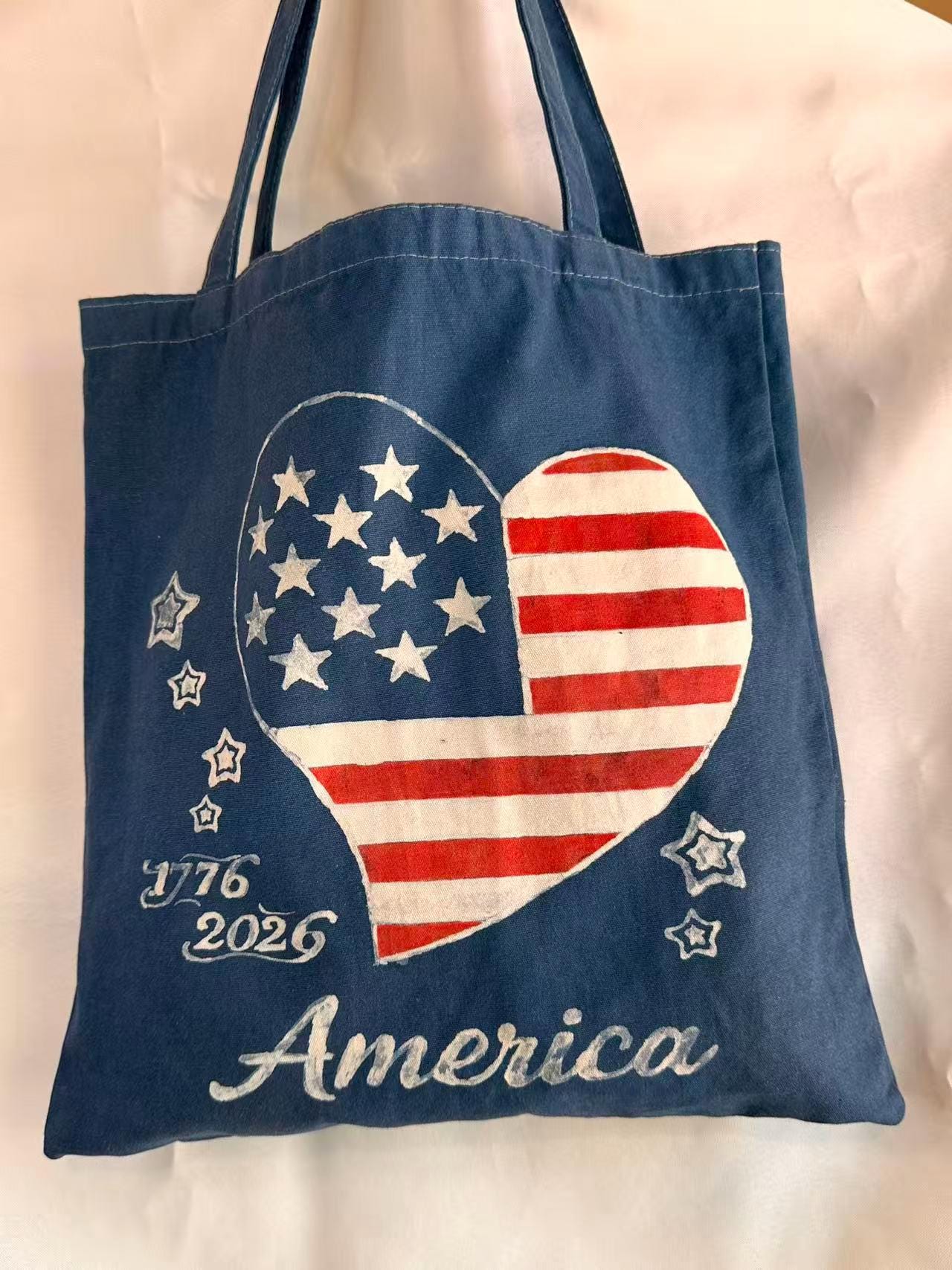 Patriotic Heart Canvas Tote Bag | America 250 Gift | Hand-Painted Americana Shoulder Bag | 1776–2026 Market Tote | Gift for Her
