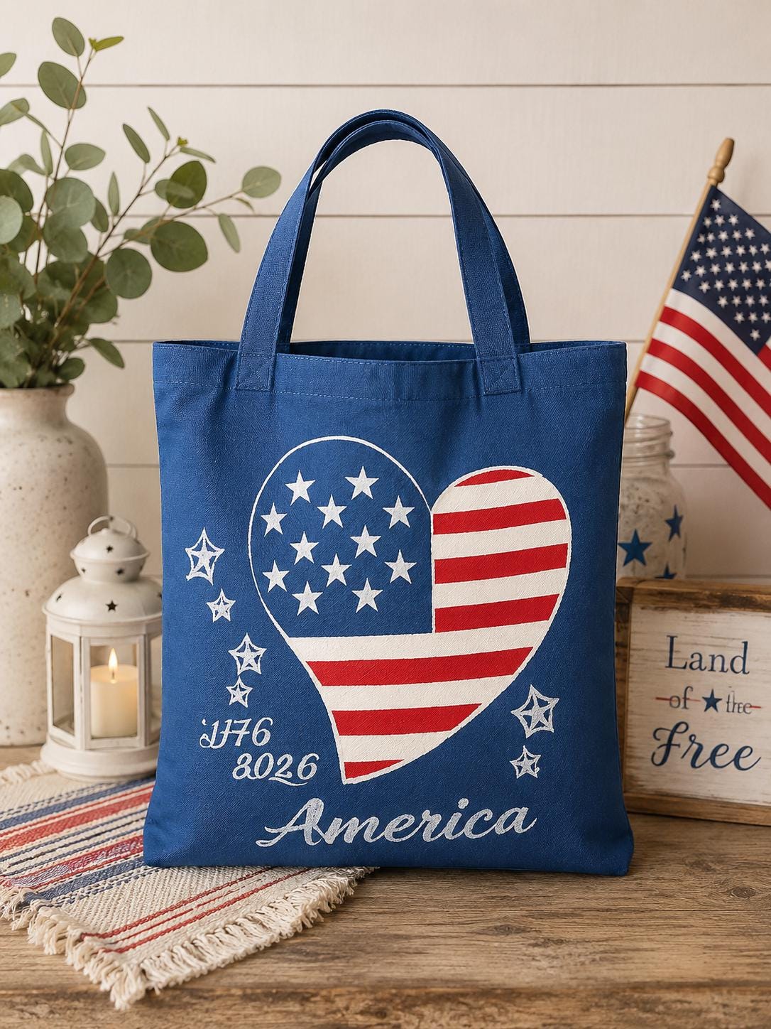 Patriotic Heart Canvas Tote Bag | America 250 Gift | Hand-Painted Americana Shoulder Bag | 1776–2026 Market Tote | Gift for Her