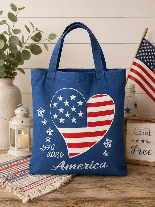 Patriotic Heart Canvas Tote Bag | America 250 Gift | Hand-Painted Americana Shoulder Bag | 1776–2026 Market Tote | Gift for Her