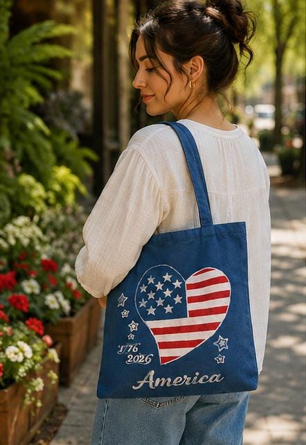 Patriotic Heart Canvas Tote Bag | America 250 Gift | Hand-Painted Americana Shoulder Bag | 1776–2026 Market Tote | Gift for Her