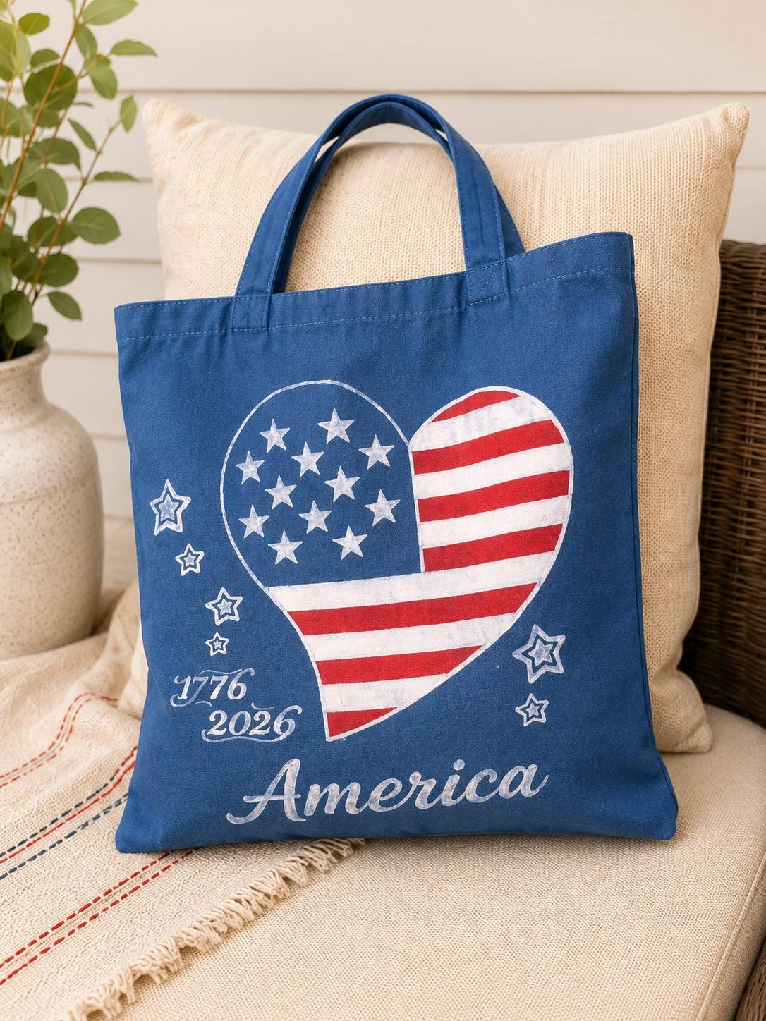 Patriotic Heart Canvas Tote Bag | America 250 Gift | Hand-Painted Americana Shoulder Bag | 1776–2026 Market Tote | Gift for Her