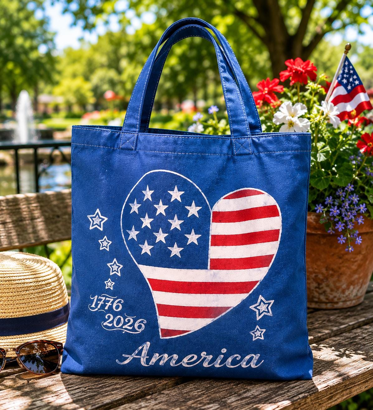 Patriotic Heart Canvas Tote Bag | America 250 Gift | Hand-Painted Americana Shoulder Bag | 1776–2026 Market Tote | Gift for Her