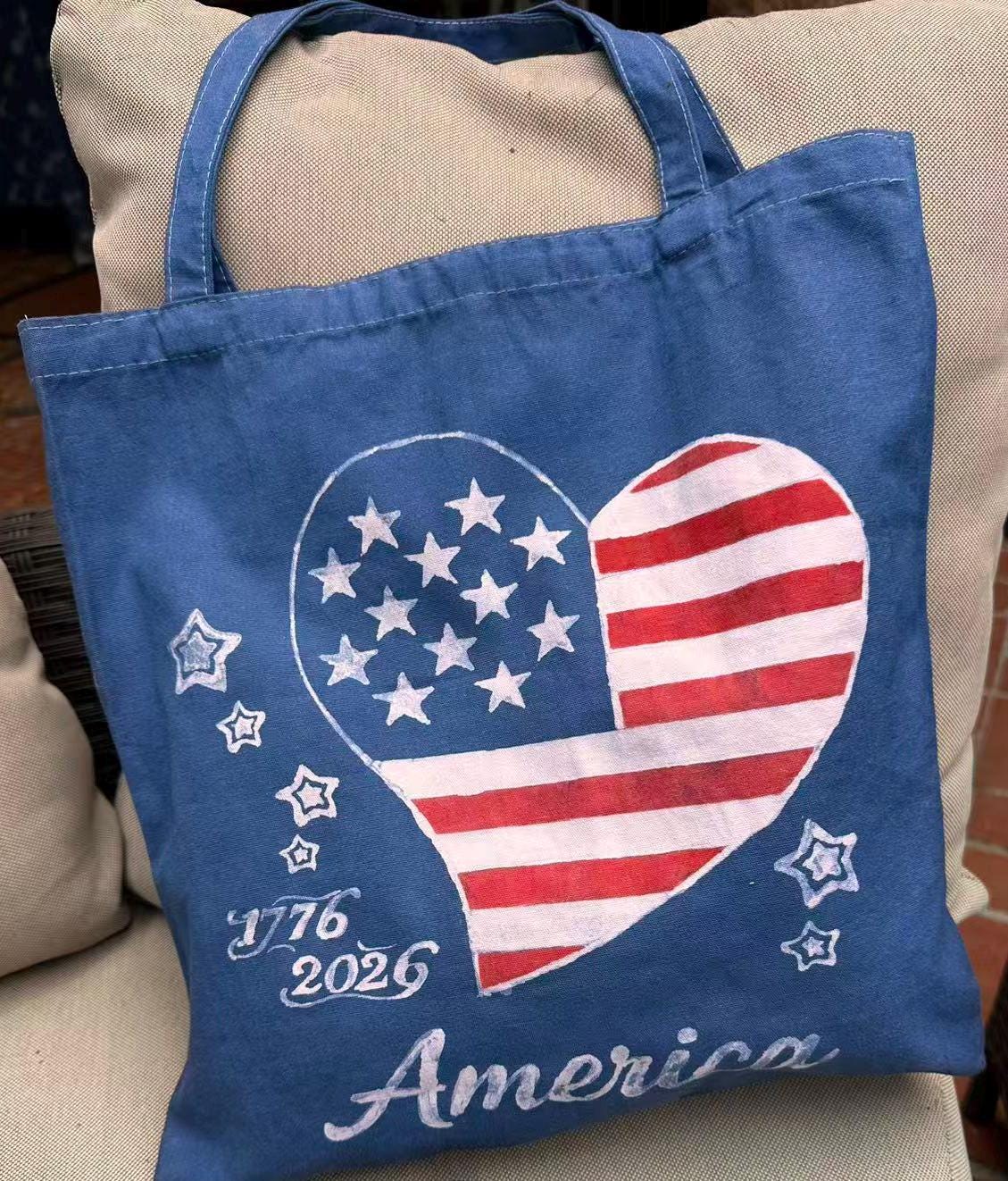 Patriotic Heart Canvas Tote Bag | America 250 Gift | Hand-Painted Americana Shoulder Bag | 1776–2026 Market Tote | Gift for Her