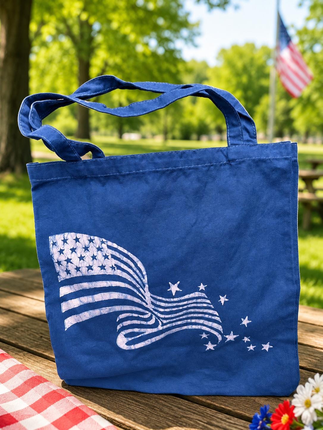 American Flag Canvas Tote Bag | America 250 Gift | Patriotic Batik Shoulder Bag | 1776–2026 Market Tote | Gift for Her