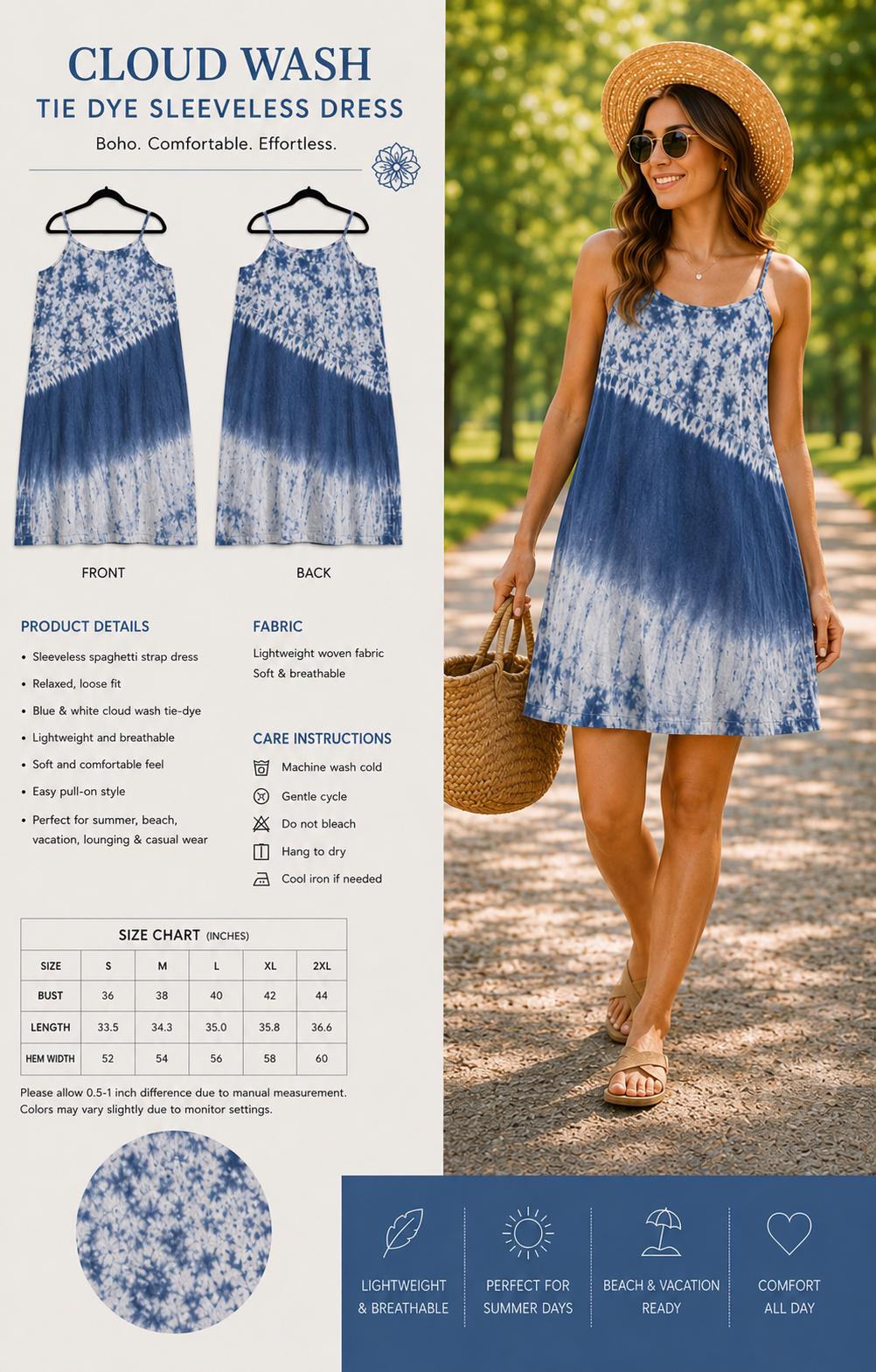 Women's Summer Dress | Tie-Dye Spaghetti Strap Dress | Casual Beach Dress | Lightweight Vacation Dress | Gift for Her