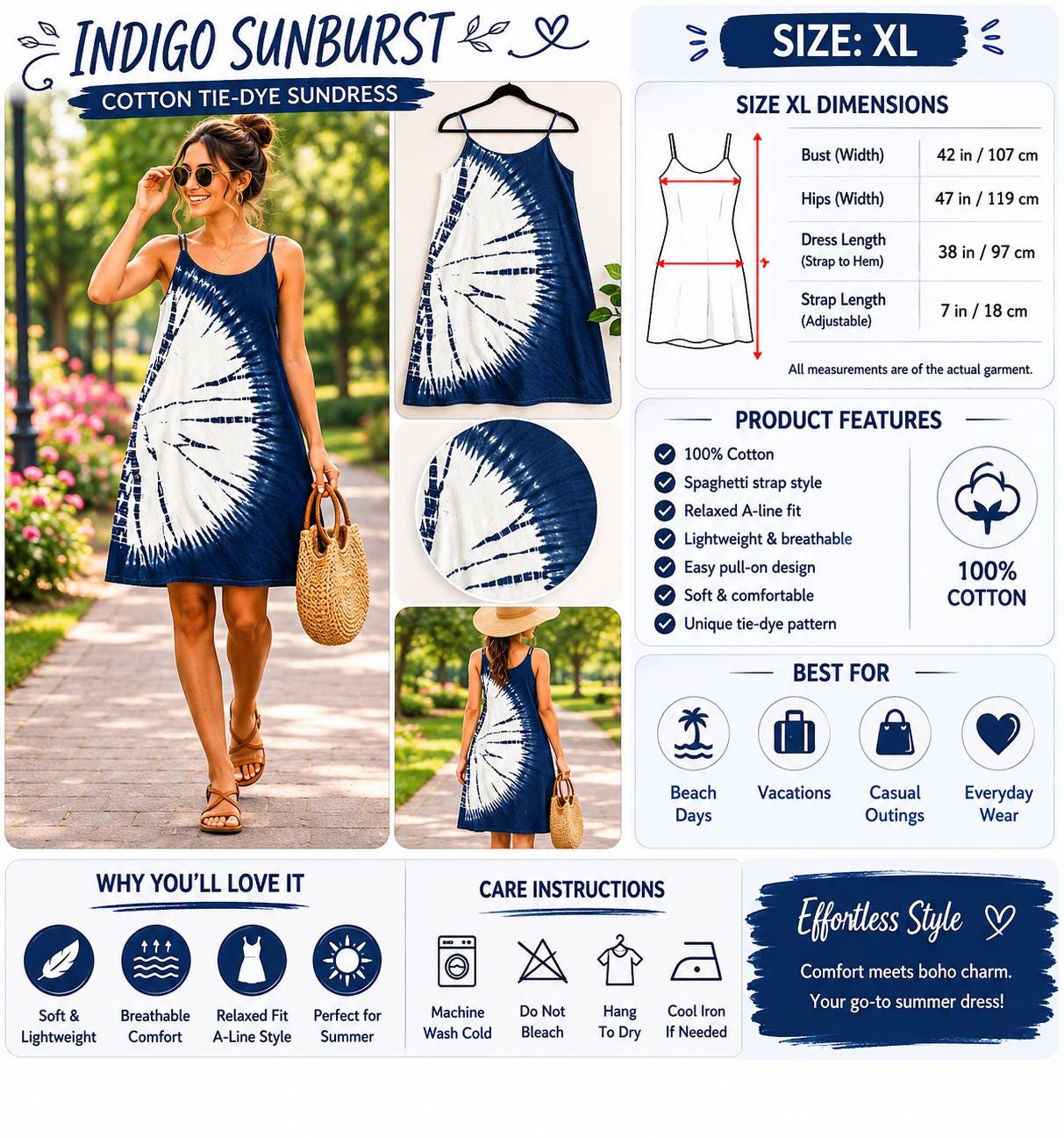 Women's Cotton Summer Sundress | Tie-Dye Spaghetti Strap Dress | Casual Beach Dress | Lightweight Vacation Dress | Resort Wear
