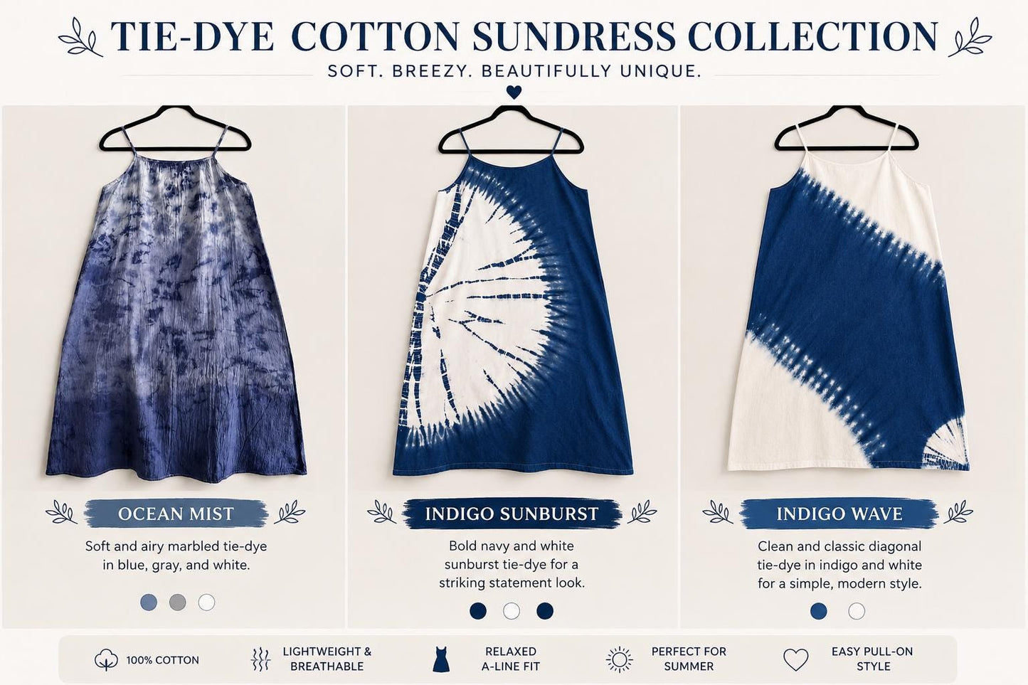 Women's Cotton Summer Sundress | Tie-Dye Spaghetti Strap Dress | Casual Beach Dress | Lightweight Vacation Dress | Resort Wear