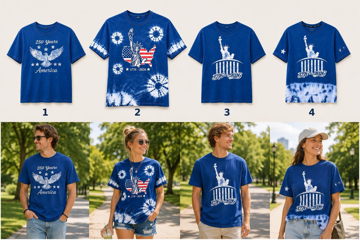 America 250 Graphic T-Shirt | Patriotic USA Tee | Indigo Batik Style Shirt | 1776–2026 Independence Day | Gift for Her & Him