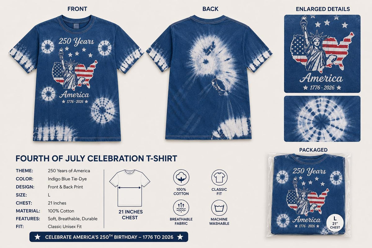 America 250 Graphic T-Shirt | Patriotic USA Tee | Indigo Batik Style Shirt | 1776–2026 Independence Day | Gift for Her & Him