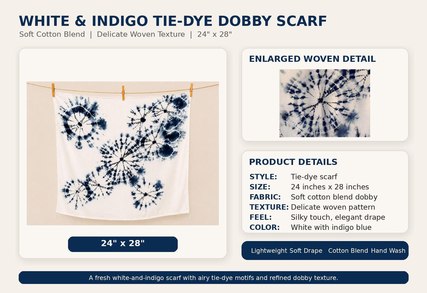 Indigo Scarf Gift Set | Hand-Dyed Cotton Blend Scarves | Lightweight Fashion Scarves | 3-Piece Gift Set | Gift for Her