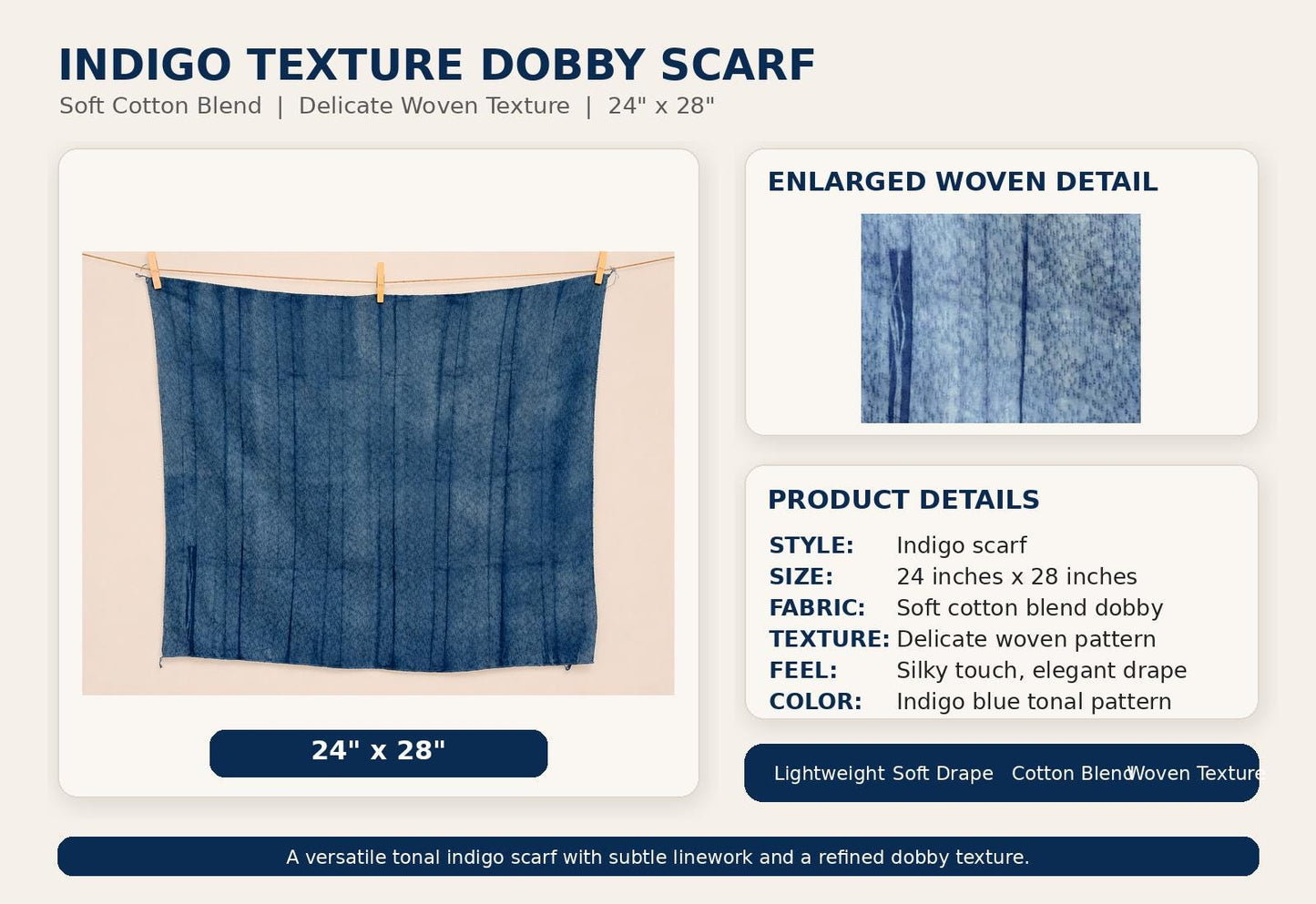 Indigo Scarf Gift Set | Hand-Dyed Cotton Blend Scarves | Lightweight Fashion Scarves | 3-Piece Gift Set | Gift for Her