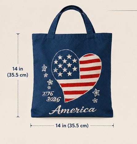 Patriotic Heart Canvas Tote Bag | America 250 Gift | Hand-Painted Americana Shoulder Bag | 1776–2026 Market Tote | Gift for Her