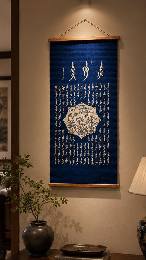 Handmade Lotus Textile Wall Art | Indigo Batik Wall Hanging | Nüshu Cultural Art | Zen Home Decor | Housewarming Gift