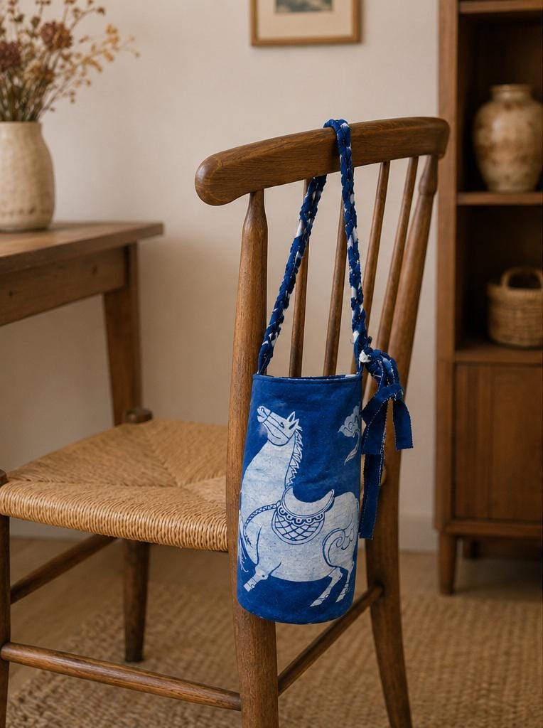 Handmade Cotton Bucket Bag | Indigo Batik Crossbody Bag | Lucky Horse Shoulder Bag | Adjustable Boho Purse | Gift for Her