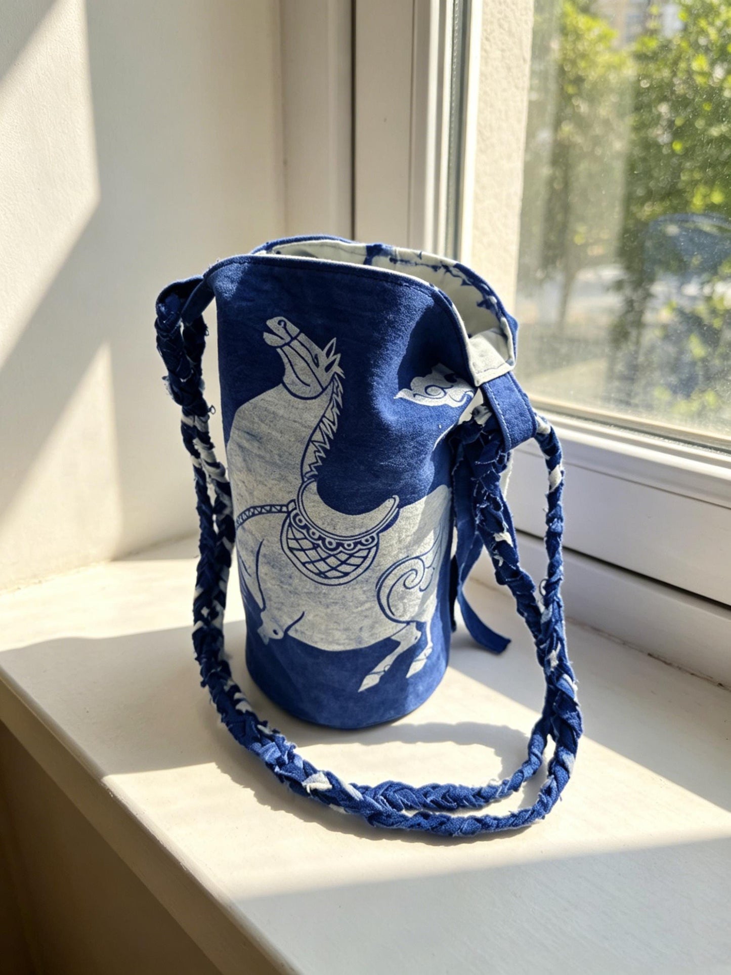 Handmade Cotton Bucket Bag | Indigo Batik Crossbody Bag | Lucky Horse Shoulder Bag | Adjustable Boho Purse | Gift for Her
