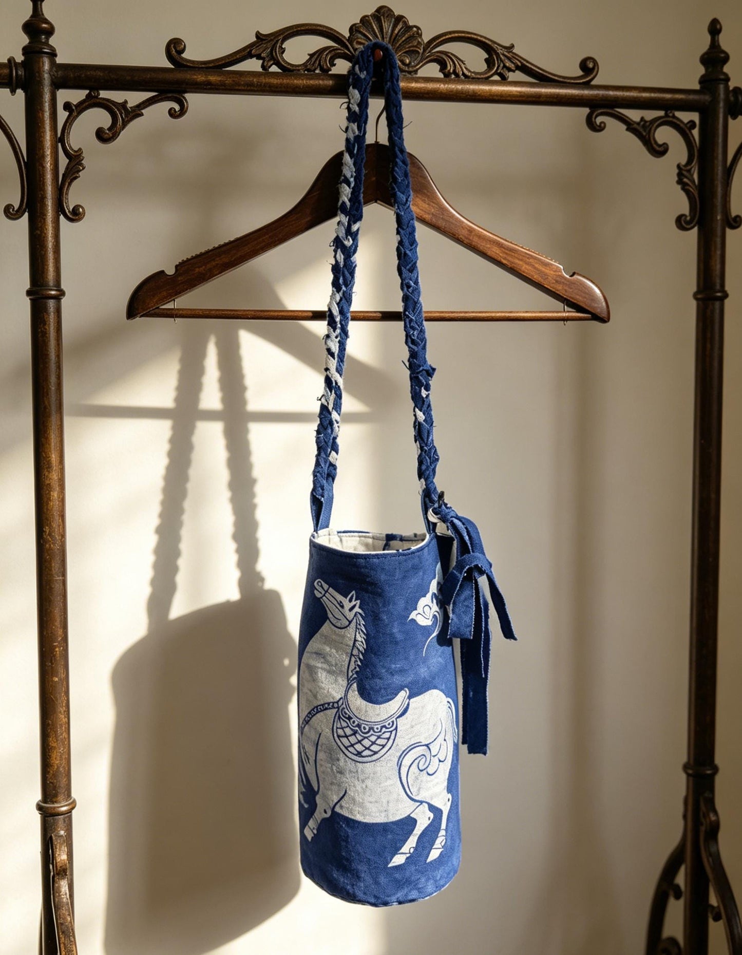 Handmade Cotton Bucket Bag | Indigo Batik Crossbody Bag | Lucky Horse Shoulder Bag | Adjustable Boho Purse | Gift for Her