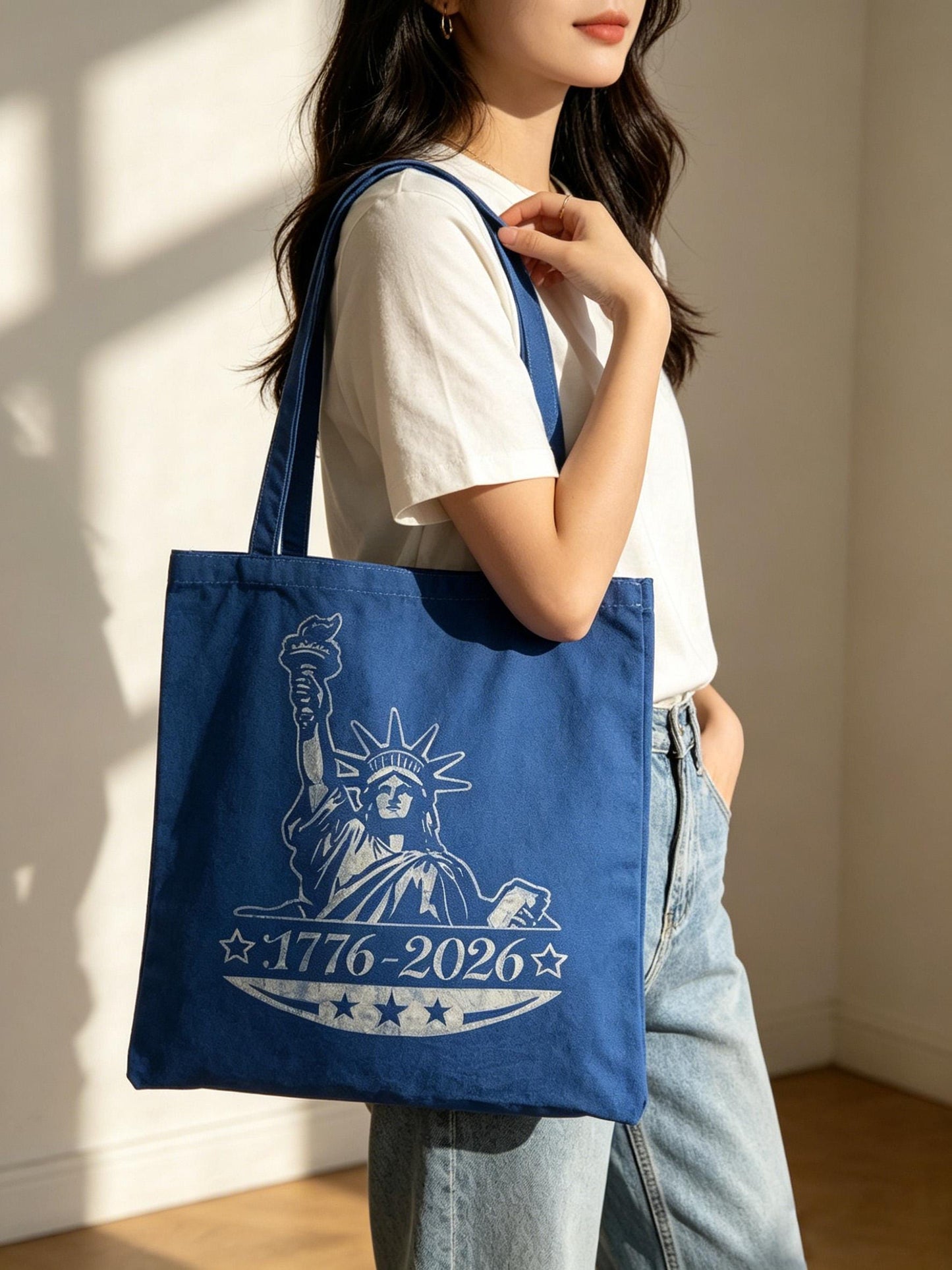 Statue of Liberty Canvas Tote Bag | America 250 Gift | Handmade Indigo Batik Tote | Patriotic Shoulder Bag | Gift for Her