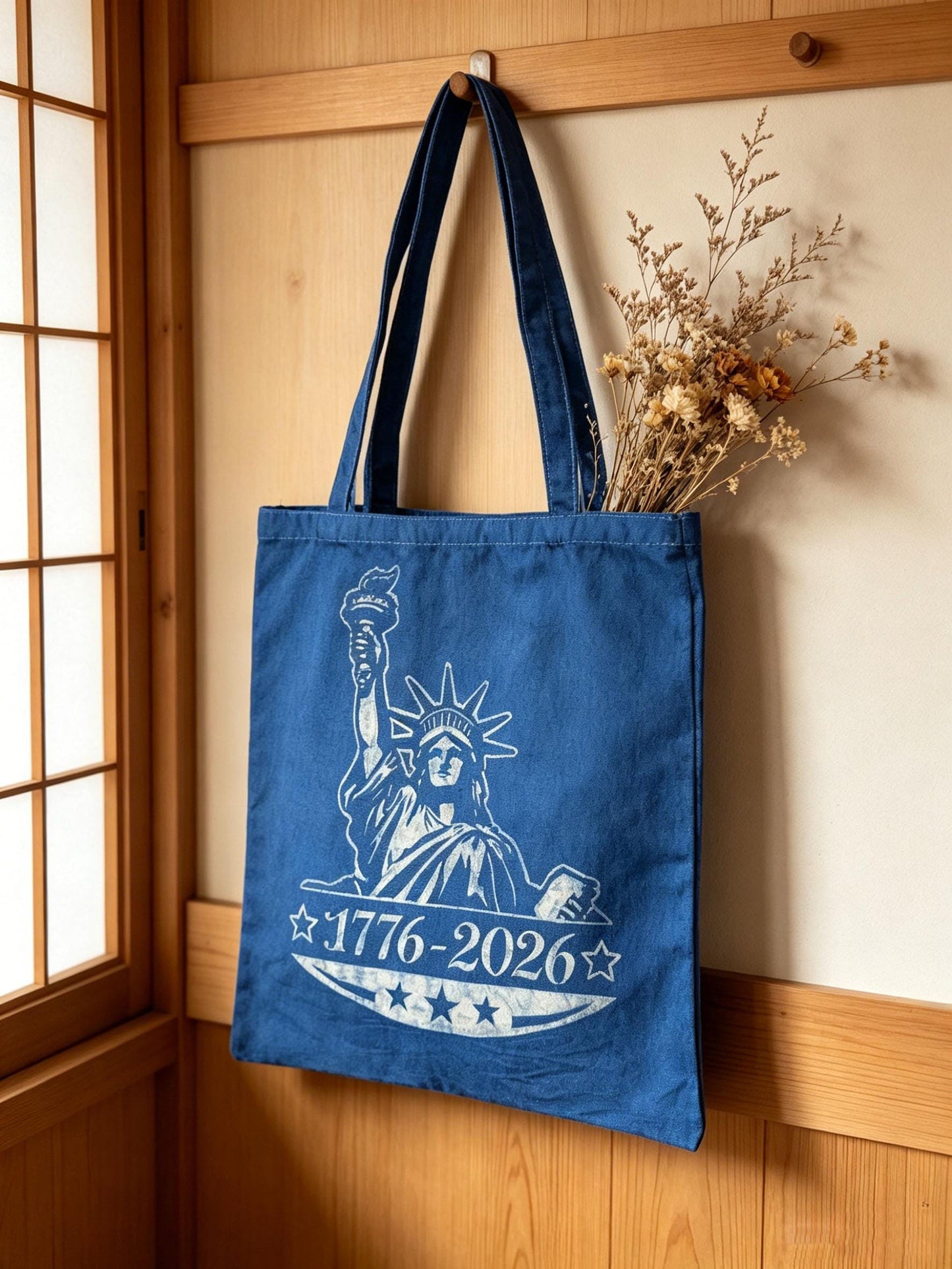 Statue of Liberty Canvas Tote Bag | America 250 Gift | Handmade Indigo Batik Tote | Patriotic Shoulder Bag | Gift for Her