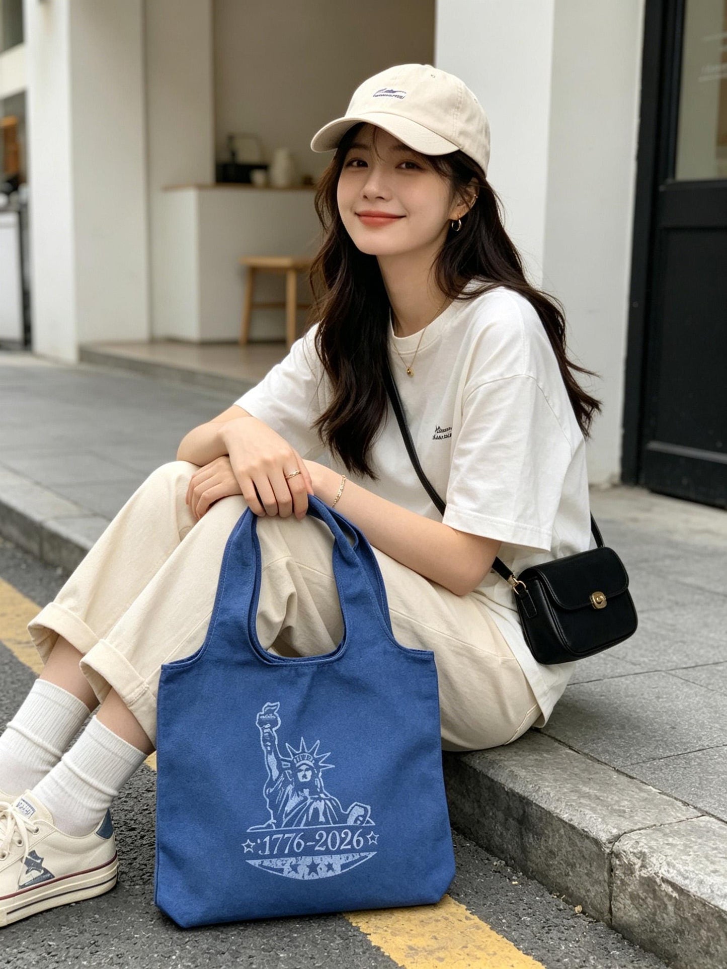 Statue of Liberty Canvas Tote Bag | America 250 Gift | Handmade Indigo Batik Tote | Patriotic Shoulder Bag | Gift for Her